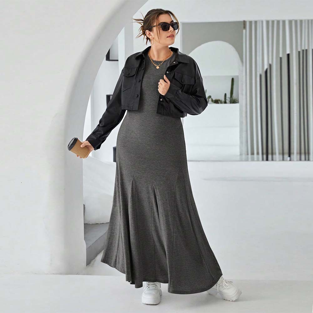 Plus Size Womens Casual Round Neck Sleeveless Dress Summer New High Waisted Slim Fit Long Dress