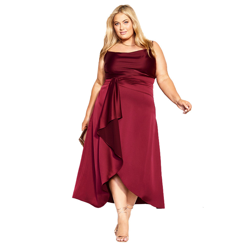 Plus Size Womens Color Satin Suspender Red Dress Banquet Dress