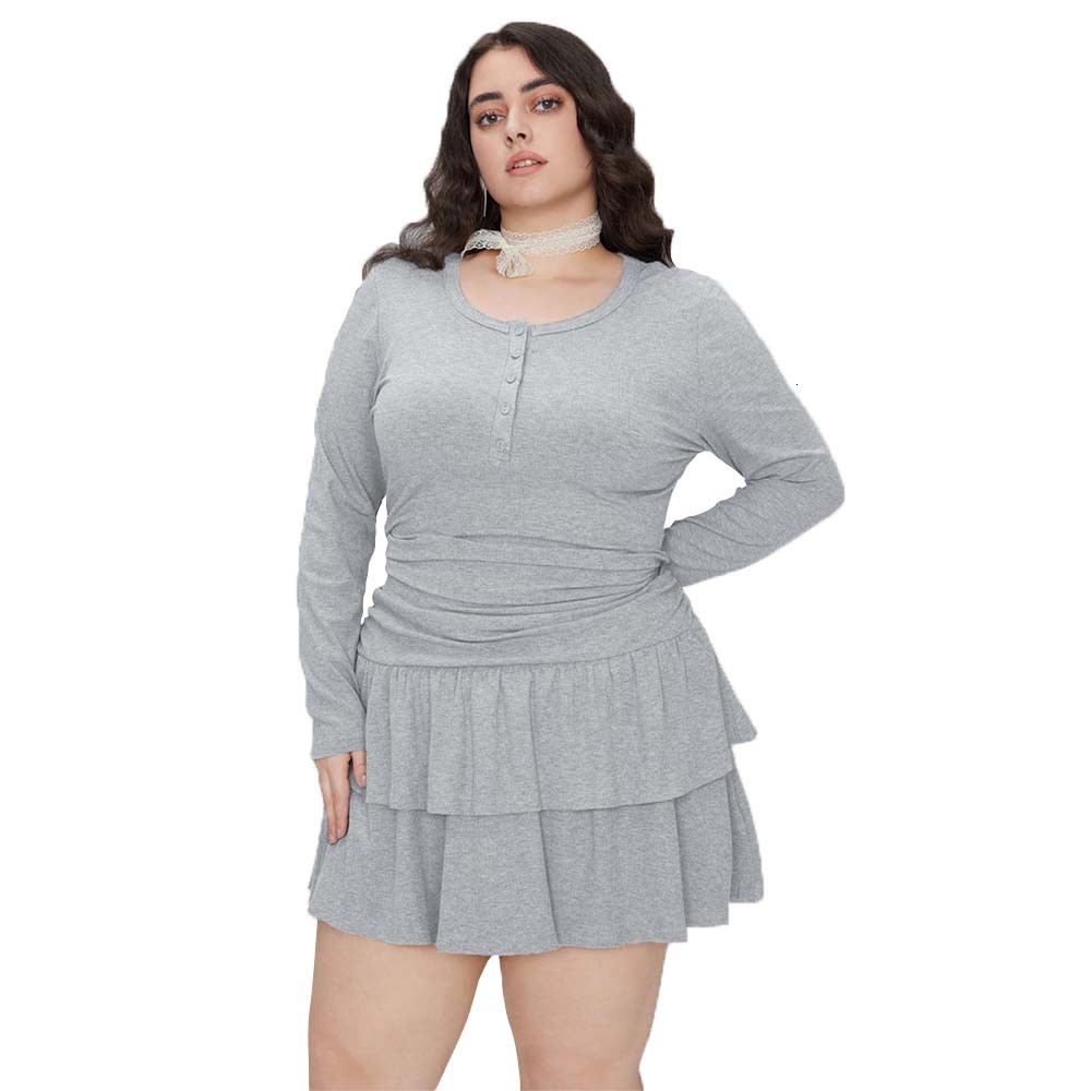 Autumn and Winter New Plus Size Womens Round Neck Dress Simple Long Sleeved A-line Short Skirt