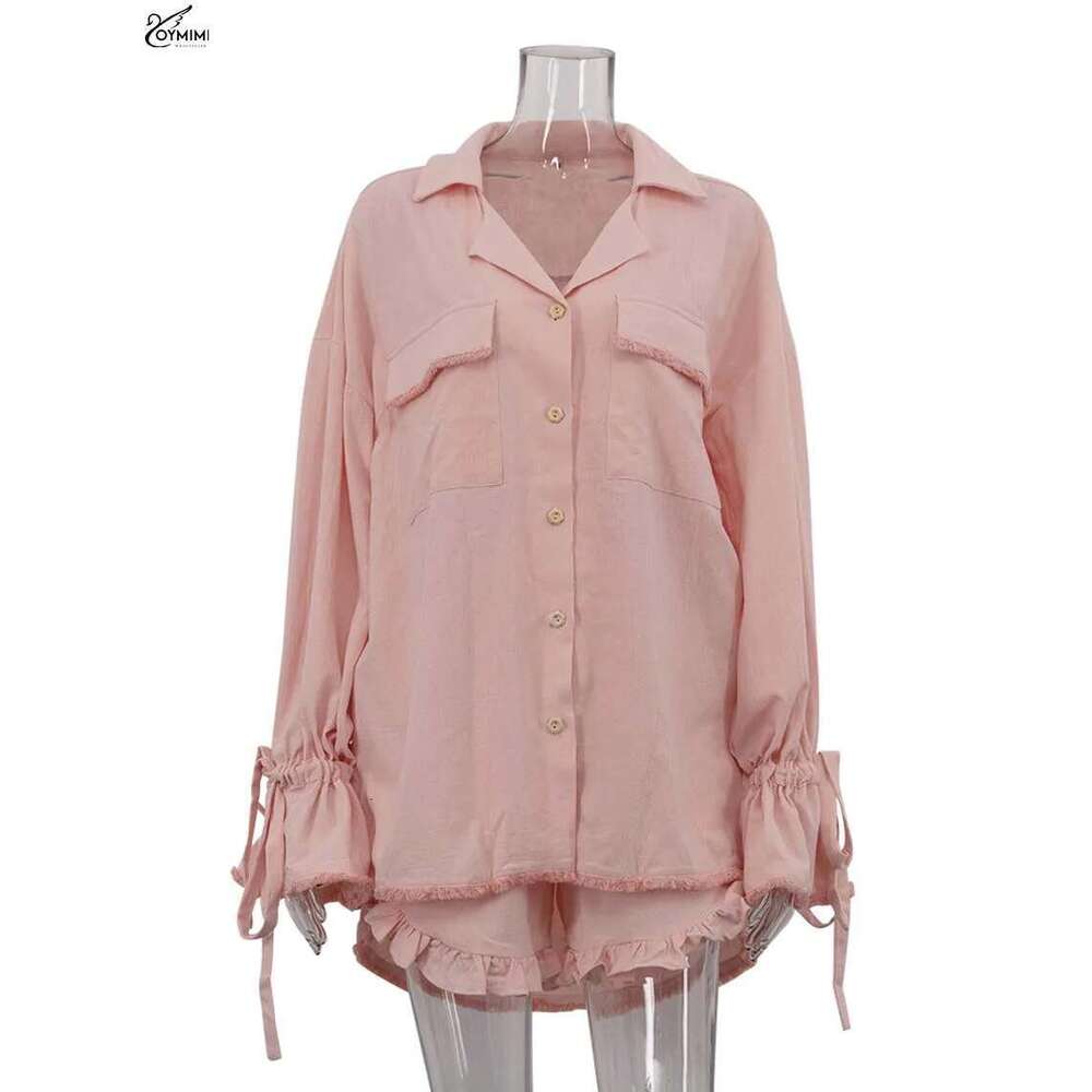 Oymimi Elegant Pink Cotton For Women 2 Pieces Fashion Pockets Long Sleeve Lace-Up Shirts And High Waist Ruffled Shorts Sets