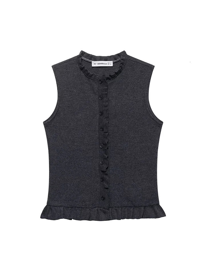 SIYANG Women Fashion Solid Ruffled Single Breasted Knitted Vest Tank Tops Vintage ONeck Sleeveless Female Chic Lady Top 250506