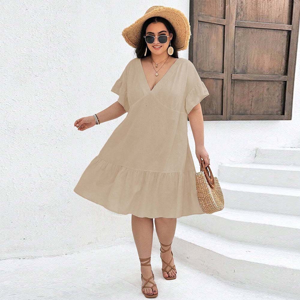 Large Size Womens Casual Style V-neck Dress Summer New High Waisted Pleated A-line Mid Size Skirt Childrens