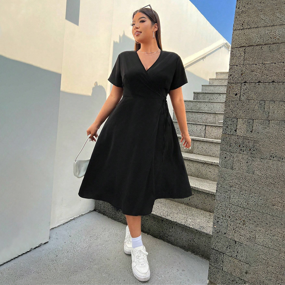 Spring New V-neck Split Middle Long Dress Solid Color Slimming Temperament Short Sleeve Dress