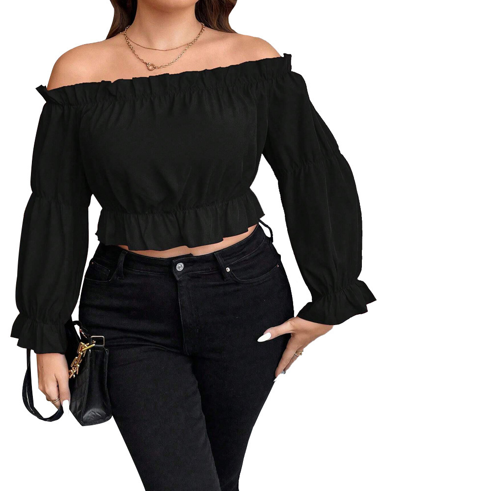 Large Size Womens Elegant Queen Style T-shirt Autumn and Winter One Neck Bubble Sleeve Strapless Top