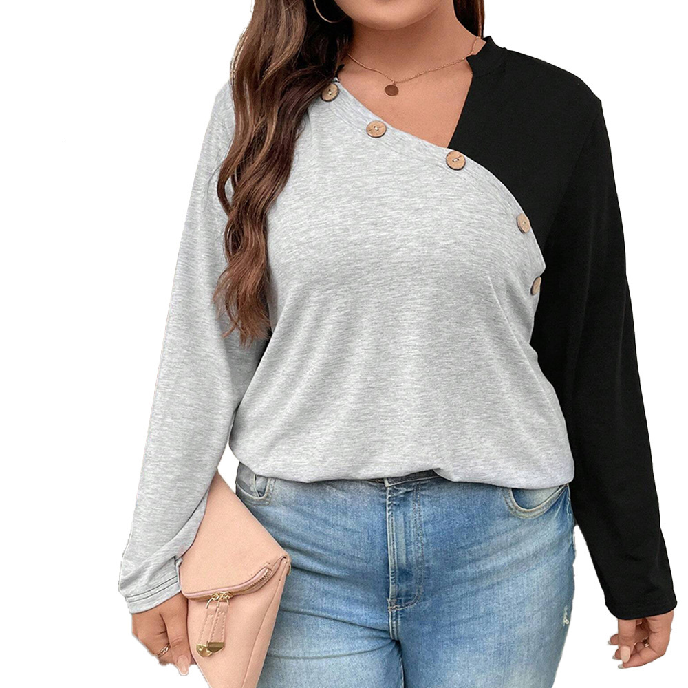 Large Size Womens Autumn and Winter New Loose Casual Patchwork Solid Color Long Sleeved T-shirt Top with Contrasting Colors