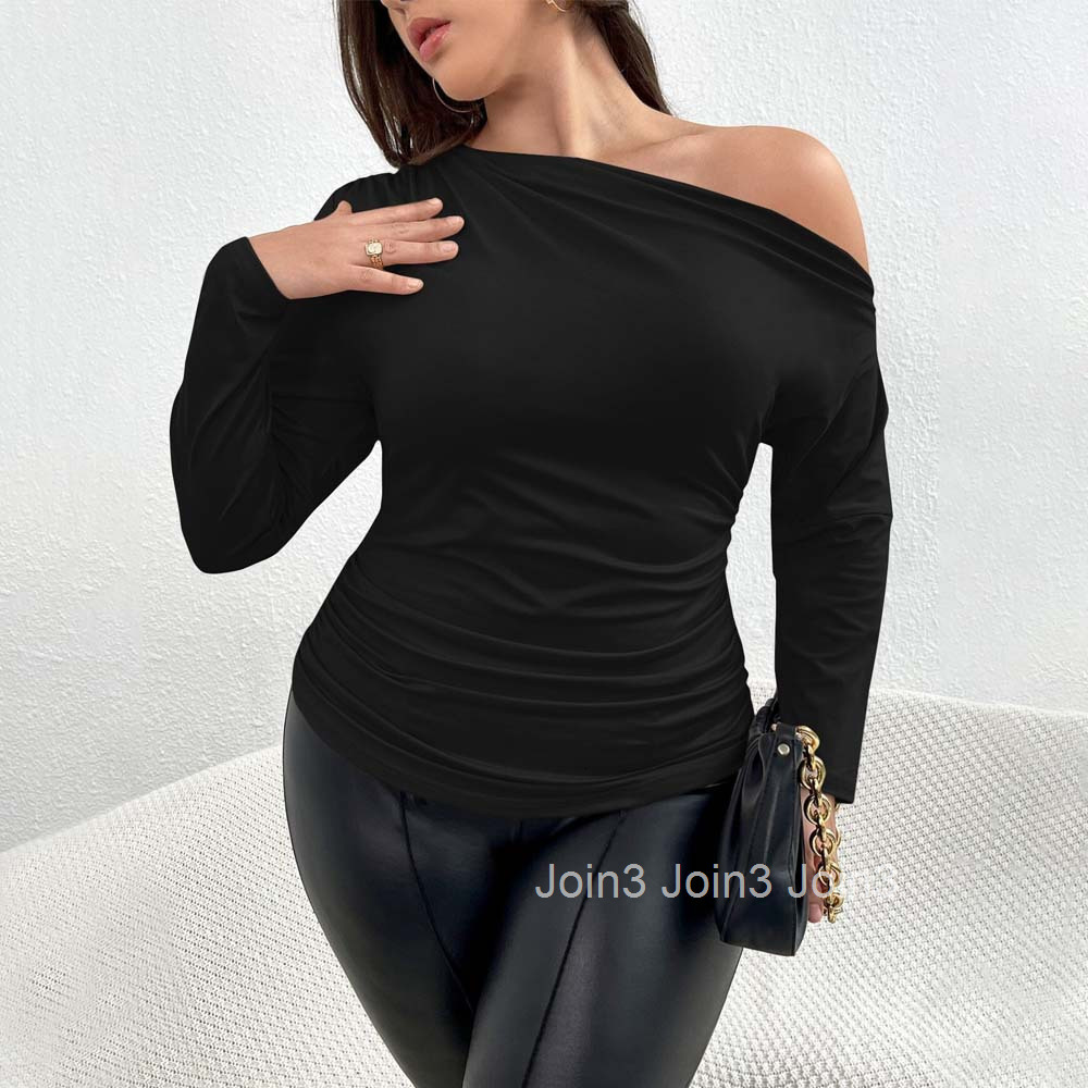 Large Size Womens Fashion Style T-shirt for Autumn and Winter One Cut Collar Fashionable Temperament Top