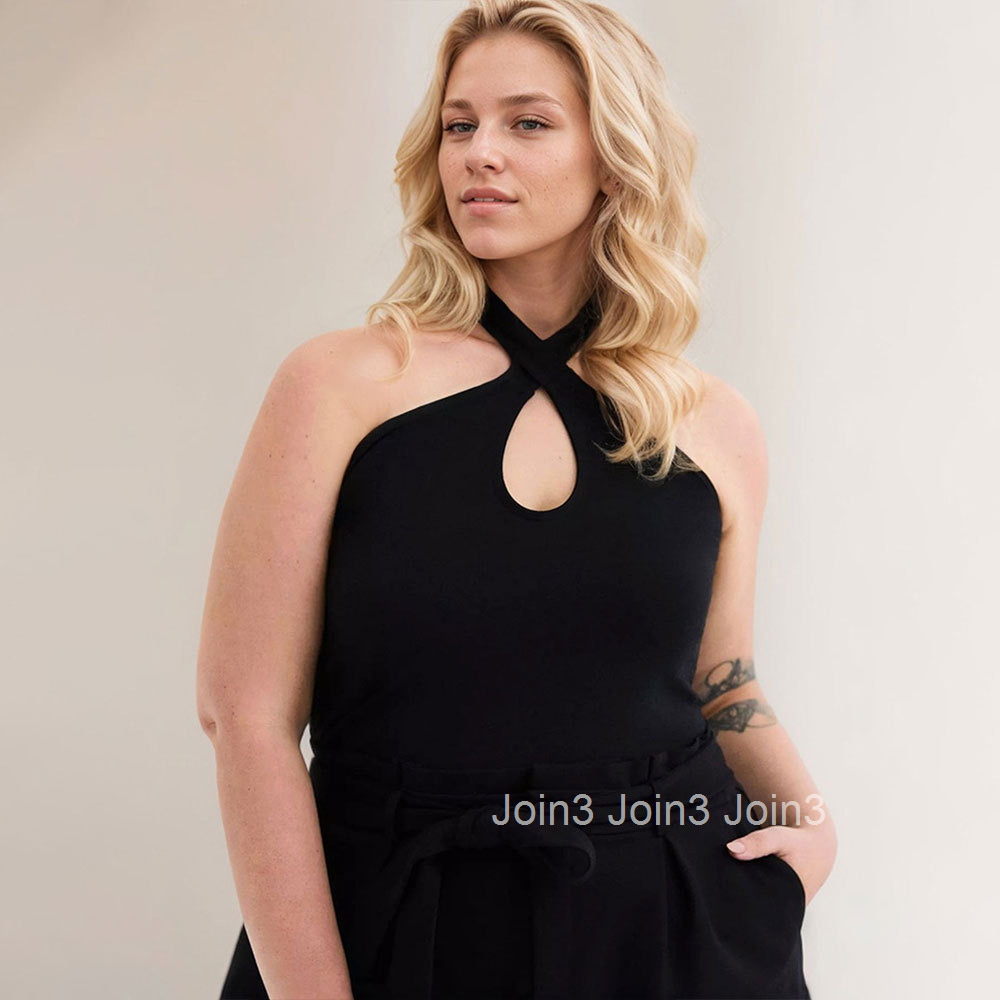 Large Size Womens Clothing 2025 Spring/summer New Style Sexy Cross Hanging Neck Slim Fit T-shirt Top