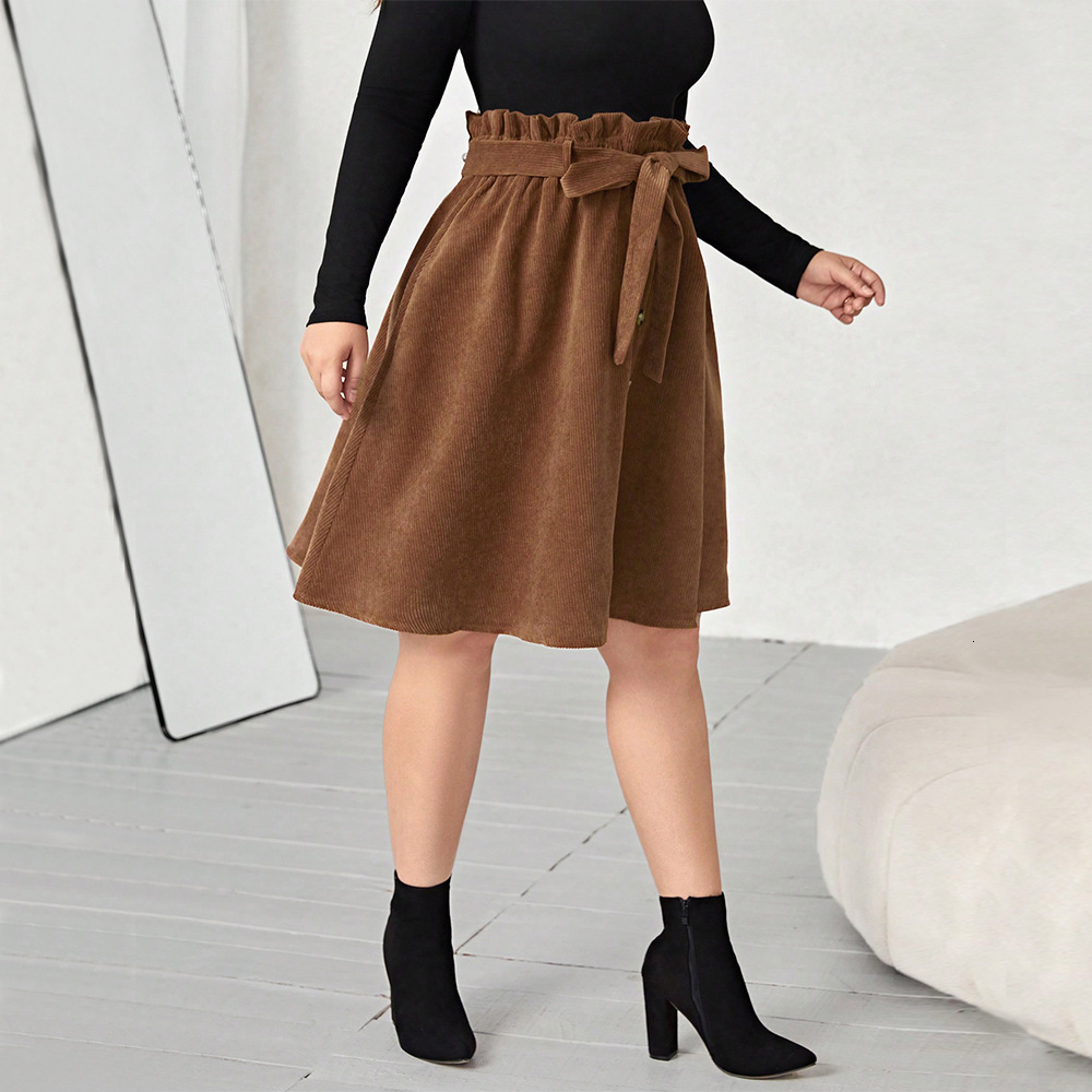 Oversized Womens A-line Umbrella Skirt Looks Slim High Waist Casual Lace Up Corduroy Half Length Skirt