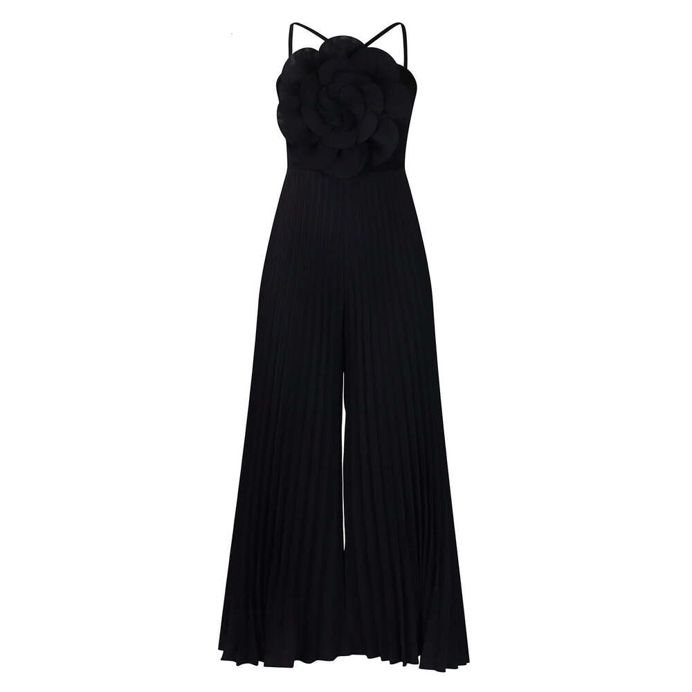 Wide Leg Jumpsuit C Women S Summer Hanging Neck Three Dimensional Flower Solid Color Wide Leg Plus Size Jumpsuit