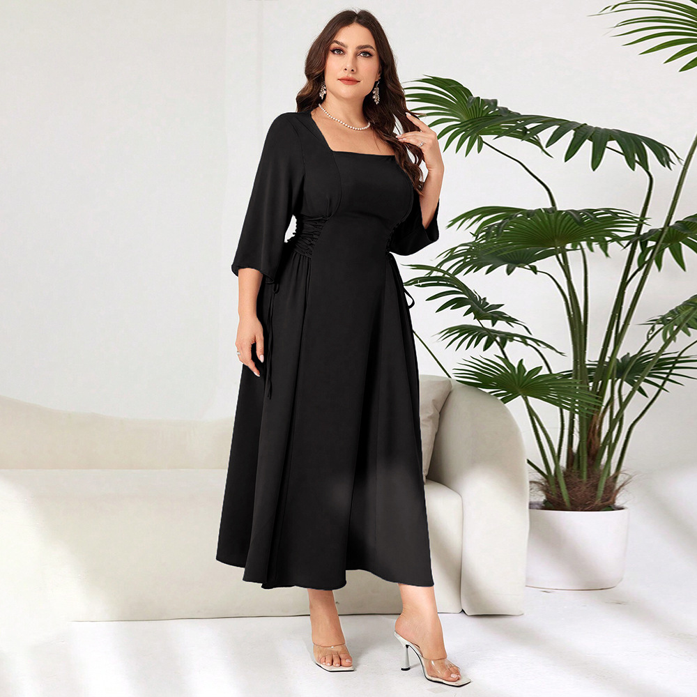 Plus Size Womens Elegant Style Square Neck Dress Autumn and Winter High-end Sense Age Reducing Design Sense Mid Length Skirt