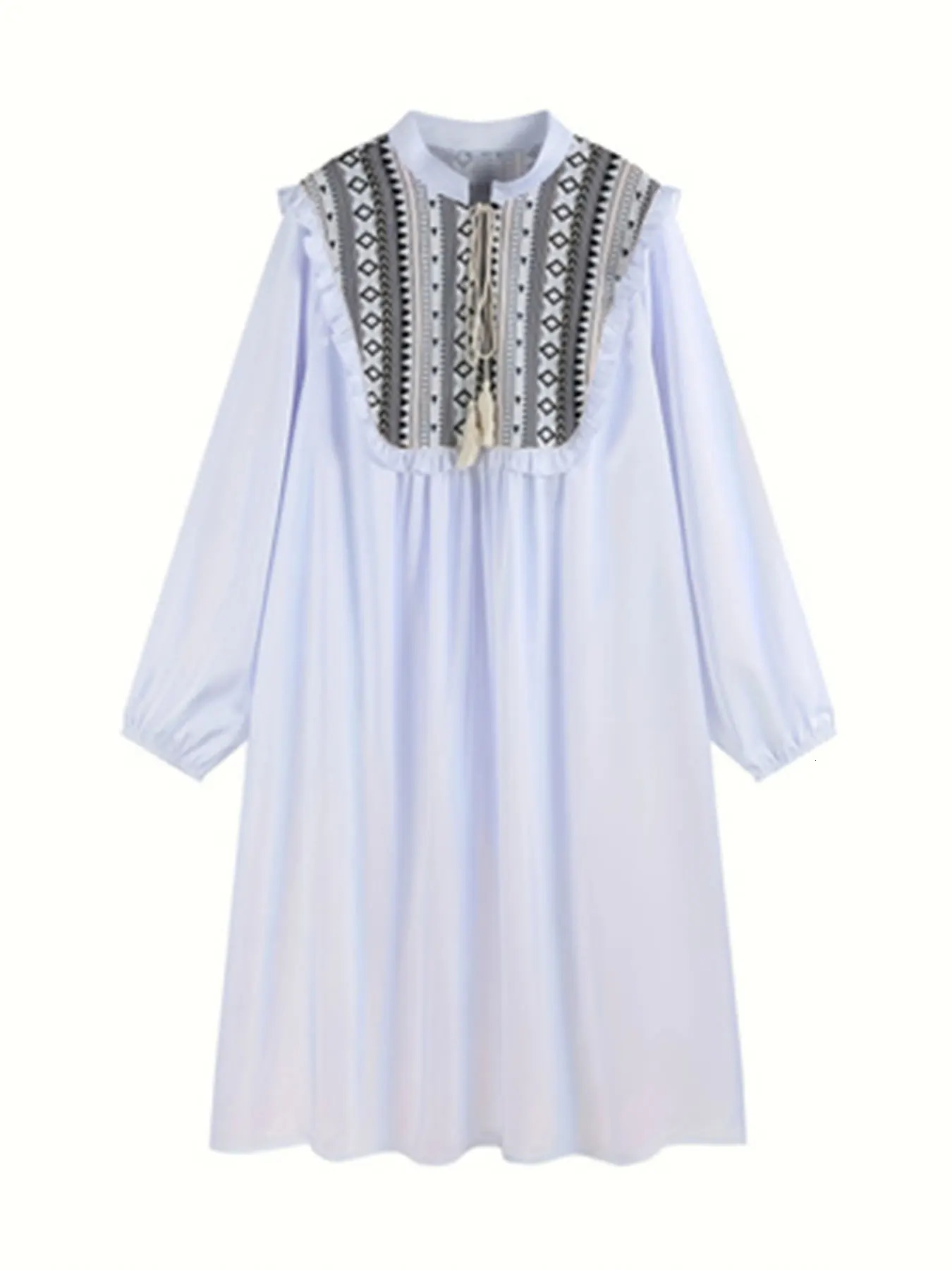 Plus size geometric pattern dress casual tie front plain collar long sleeved plus clothing 250506