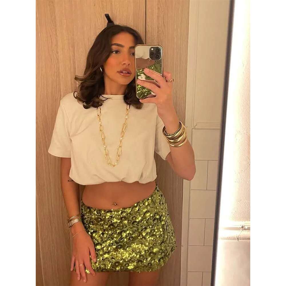 Sequined Green Women Sparkling Mini Skirt Sexy Slim Fit Unique High Waist Skirts 2025 New Spring Summer Female Party Club Dress