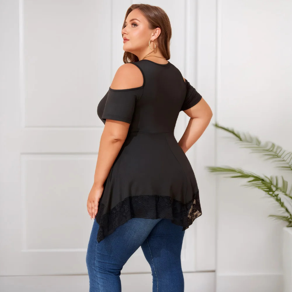 Plus Size Womens Lace Solid V-Neck Cold Shoulder Tunic Tops Summer Ladies Casual Blouse T Shirts Tee XL 2XL 3XL 4XL 5XL 6XL 250515