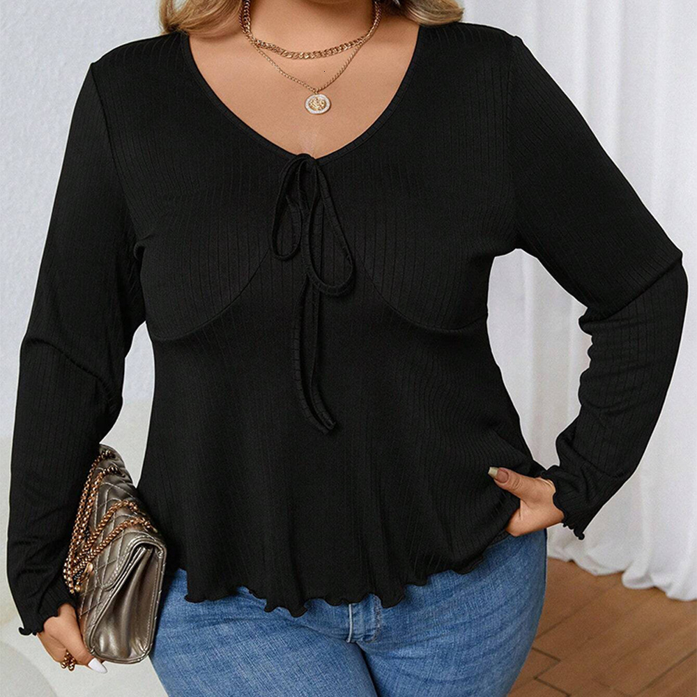 Oversized Womens Clothing Autumn and Winter New Item V-neck Waist Cinched Casual Knitted Solid Color Long Sleeved T-shirt Top