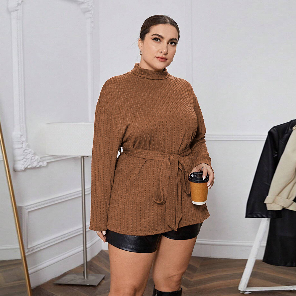 Plus Size Womens Elegant and Intellectual Style T-shirt Autumn and Winter High Neck Loose Slimming Long Sleeved Top for Ladies