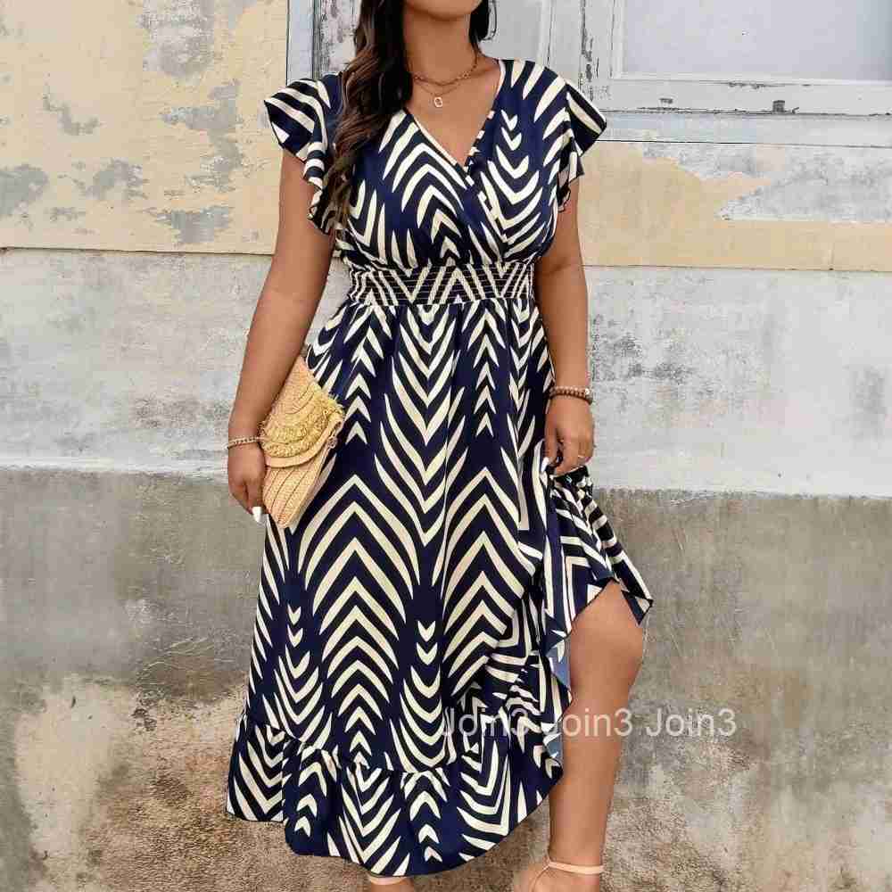 2025 Spring/summer New Plus Size Womens Striped Dress with Waist Cinching and Slimming Effect Knee Length Long Skirt