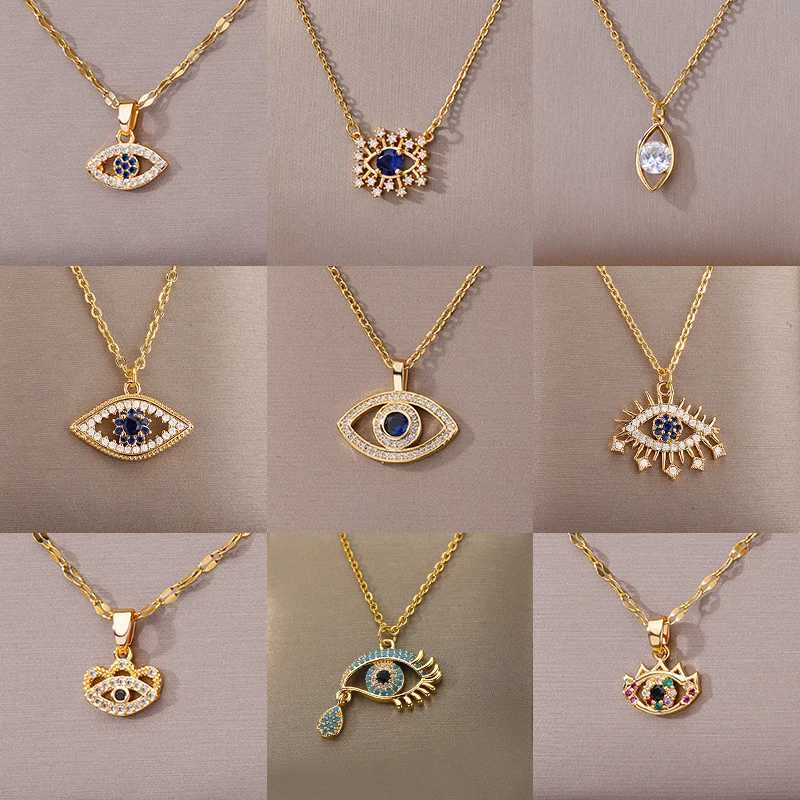 Zircon Blue Evil Eye Necklace for Wen Gold Color Stainless Steel Turkish Eye Pendant Necklaces Lucky Jewelry Gift necklace women X250516