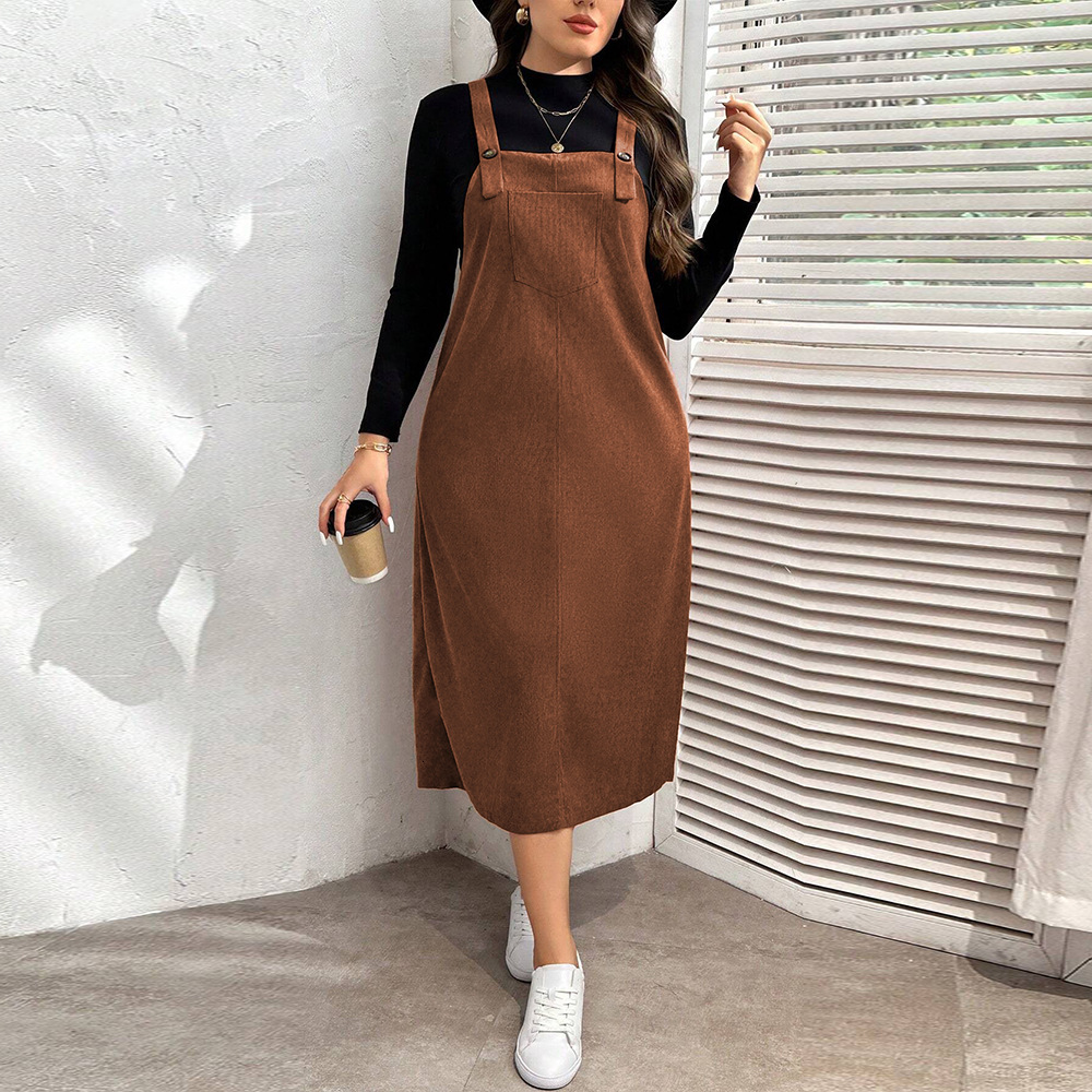 Plus Size Womens Lazy Style Shoulder Strap Skirt Autumn and Winter Loose Straight Waist Mid Length Dress