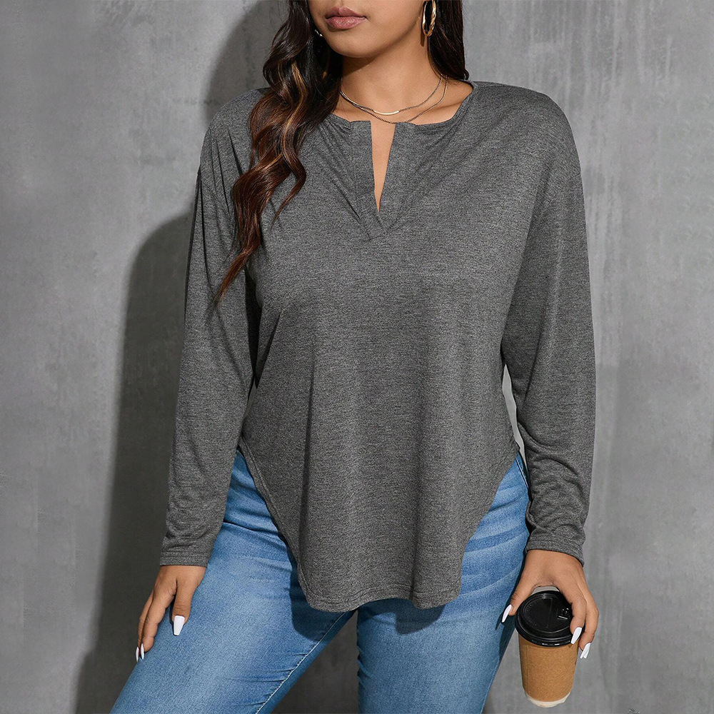 Womens V-neck Simple T-shirt Autumn and Winter Gray Versatile Loose Slimming Base Top