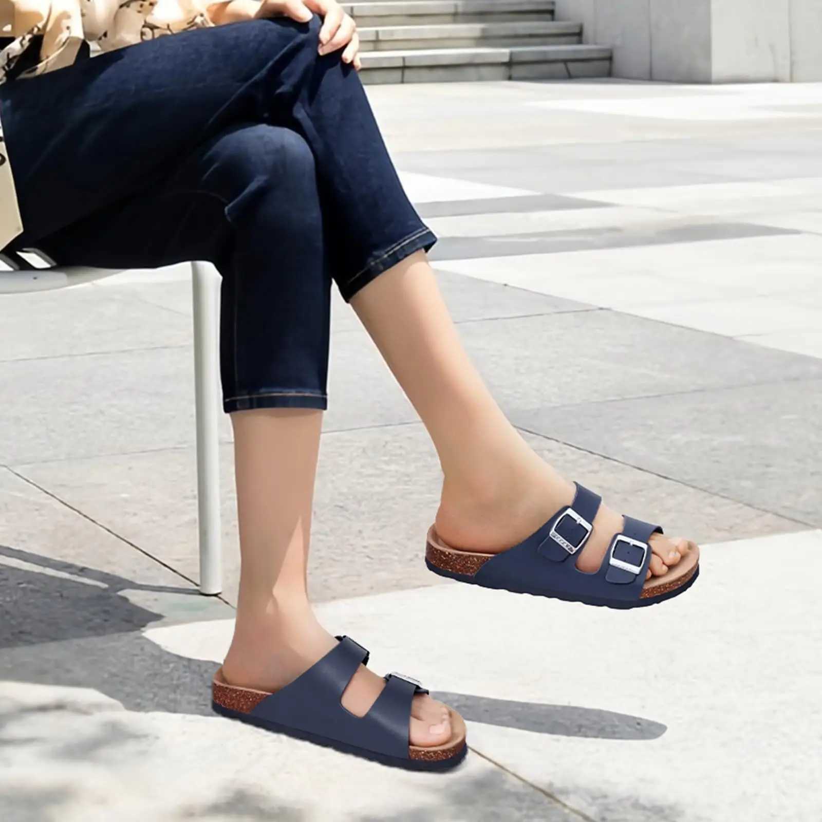 Book Now Cork Slippers Summer New Wen Double Buckle Sandals Soft Cfy Cork Footbed Slides Brand Unisex Beach Shoes Y250516