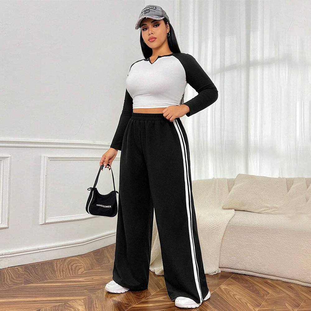 Large Size Womens Minimalist and Trendy Casual Pants for Autumn and Winter with Slim Legs and Contrasting Wide Legs