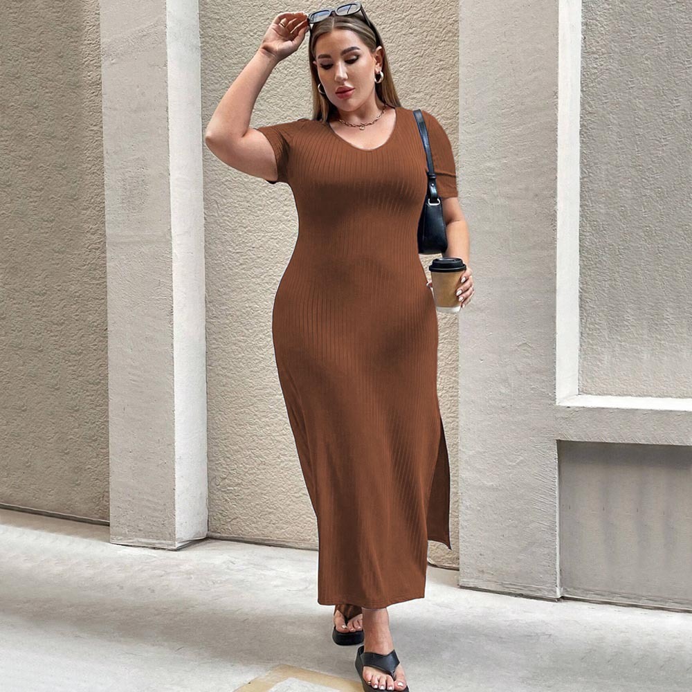 Large Size Womens Clothing New Style Temperament Waist Cinching Slit Short Sleeved Dress Hip Hugging Long Skirt
