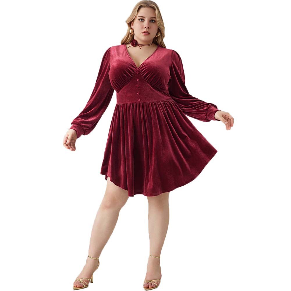 Large Size Womens Elegant Temperament Dress Autumn and Winter V-neck Wine Red High Waisted Short Skirt for Women