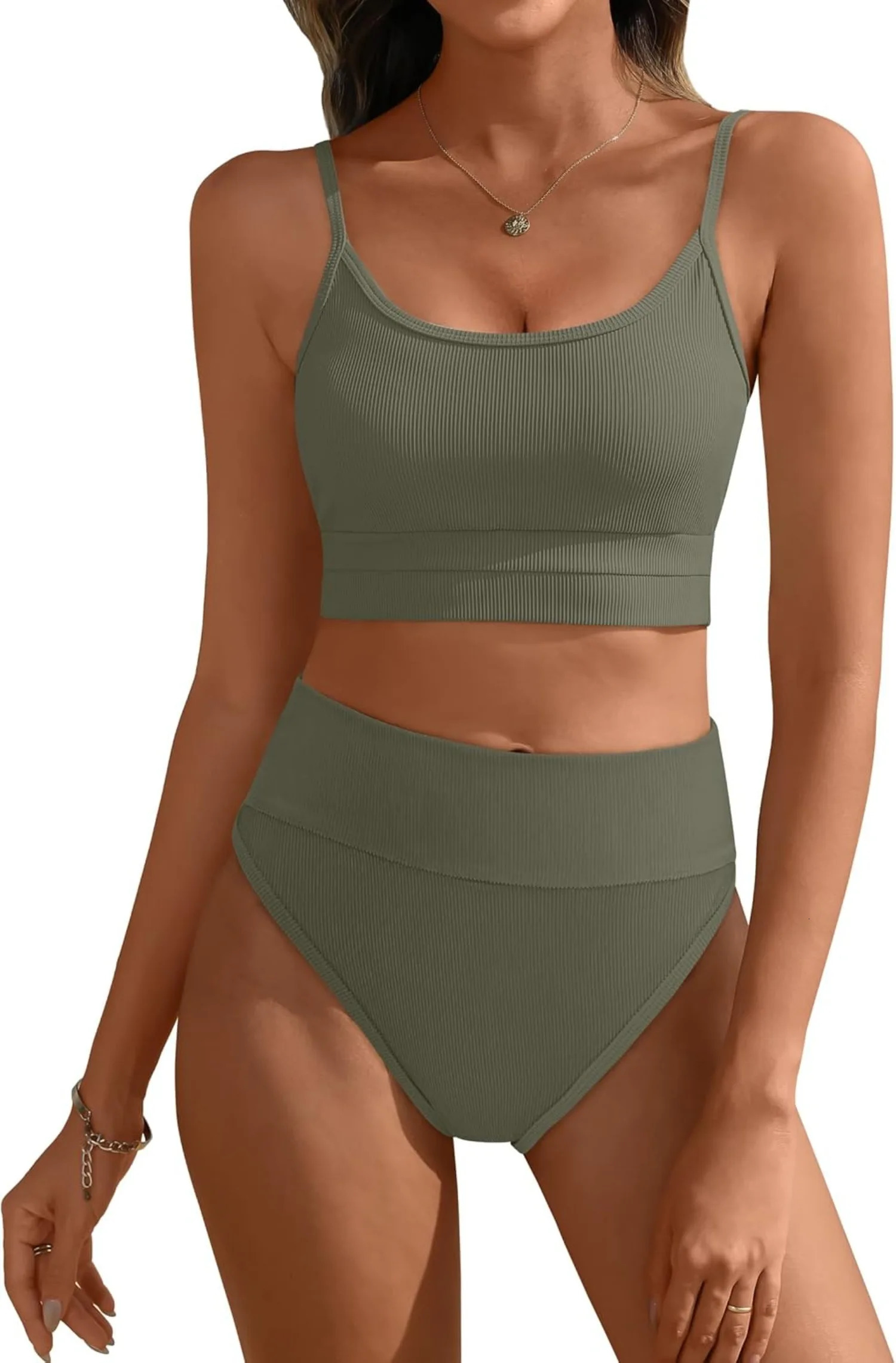 Bikini Sets for Women 2 Piece High Waisted Tummy Control Color Block Summer Beach Swimsuit Ribbed Swim Bathing Suit 250515