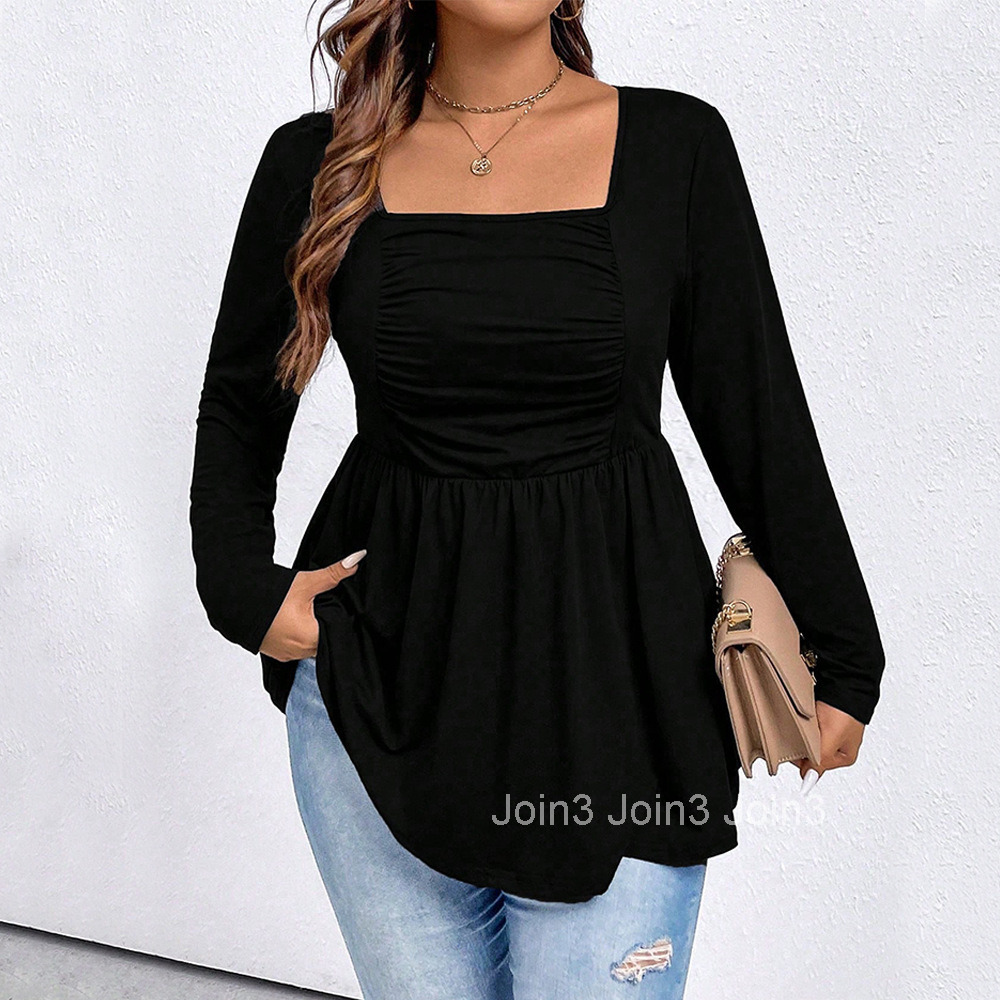 Large Size Womens Square Neck Knitted Long Sleeved Shirt with Loose Waist and Slimming Effect Bubble Sleeves Solid Color Top