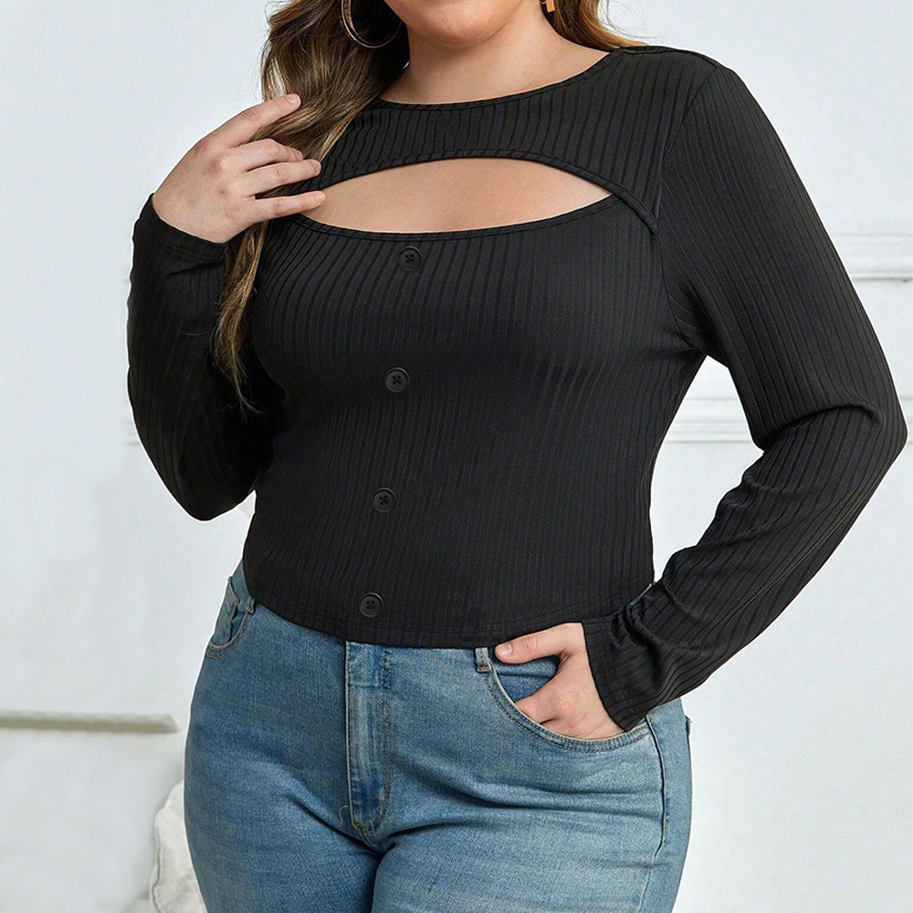 Large Size Womens Clothing Autumn and Winter New Item Slim Fit Round Neck Sexy Hollow Out Long Sleeved T-shirt Versatile Top