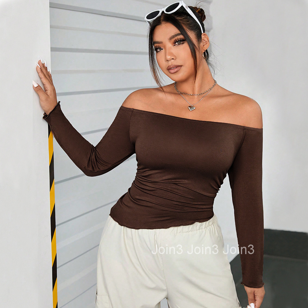 Large Size Womens Autumn and Winter Brown One Cut Collar Off Shoulder Long Sleeved T-shirt Sexy Solid Color Top