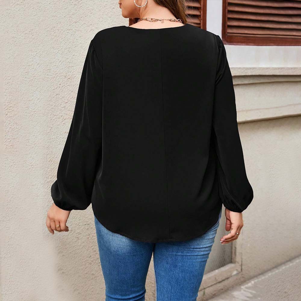 Plus Size Womens Simple and Intellectual Style T-shirt Autumn and Winter Fashion Versatile V-neck Slim Fit Top