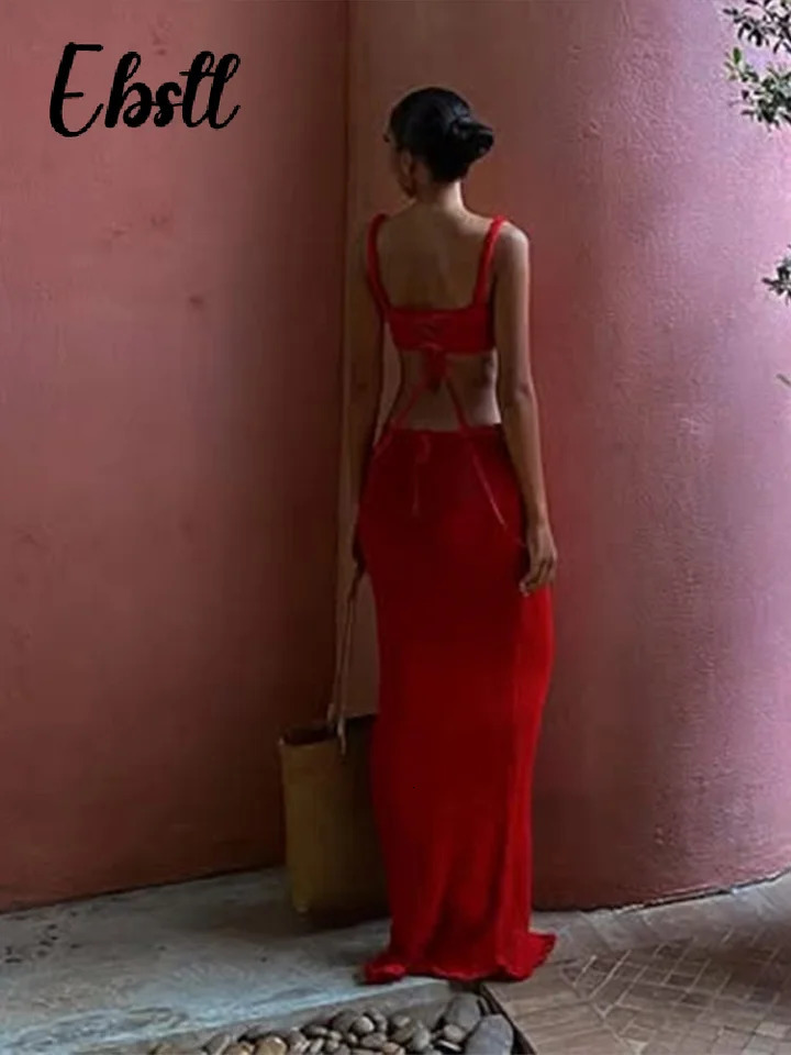 Sexy Knitted Tanks Skirts Set Women Chic Hollow-out Backless Sling Crop Top Hip Package Long Skirt 2025 Female Beach Outfits 250515