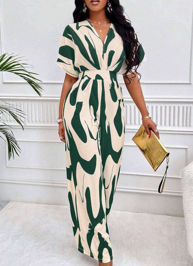 Wide Leg Jumpsuit Spring And Summer New Women S Clothing Full Body Printed Bat Sleeves Wide Leg Jumpsuit
