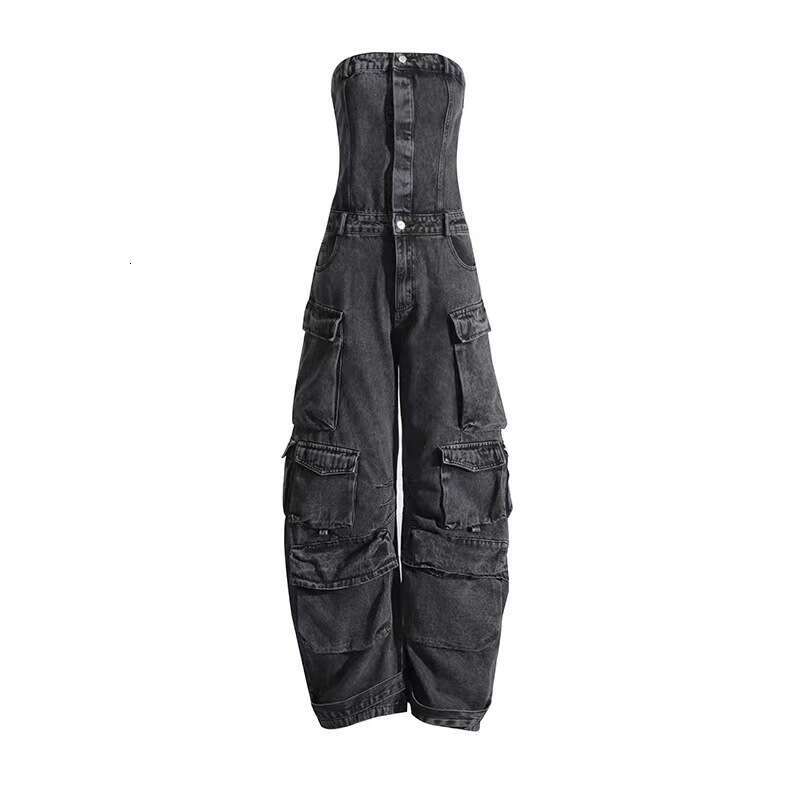 Wide Leg Jumpsuit Personalized Street Style Strapless Waist Cinching Revealing Figure Spicy Girl Multi Pocket Denim Work Pants Jumpsuit