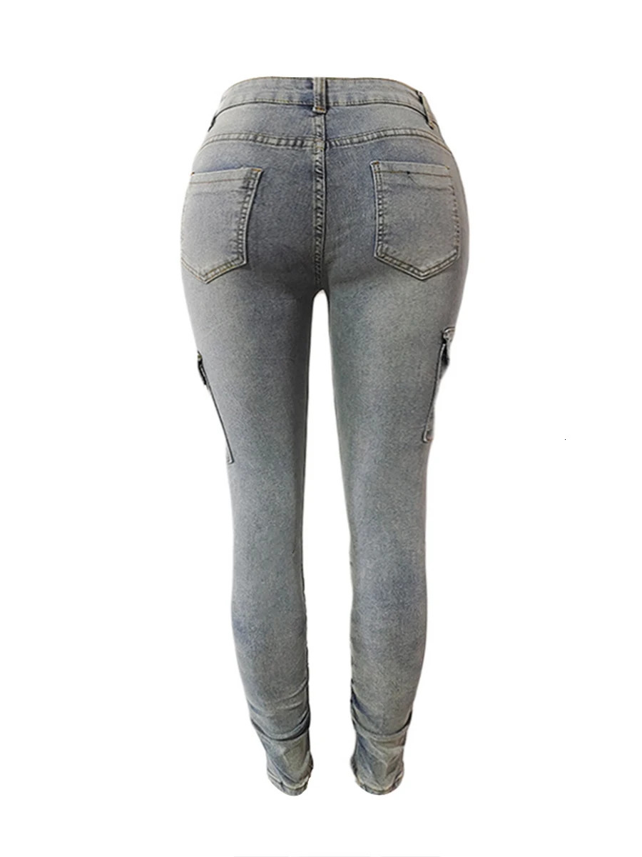 LW Plus Size High Waist Side Flap Pocket Cargo Jeans Women Zipper Ruched Jeans Causal Skinny Long Trouser 250515