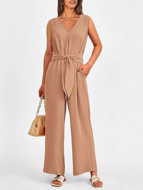 Wide Leg Jumpsuit Spring Summer Women S New V Neck Wide Leg Sleeveless Belt Jumpsuit For Women