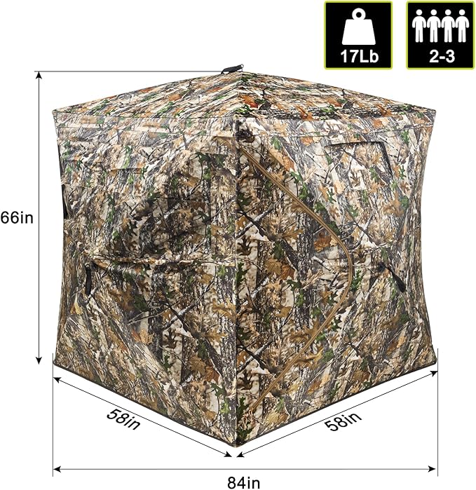 Hunting Blind 270°See Through W/ Silent Magnetic Door & Sliding Windows, 2-3 Person Pop Up Ground Blind W/ Carrying Bag