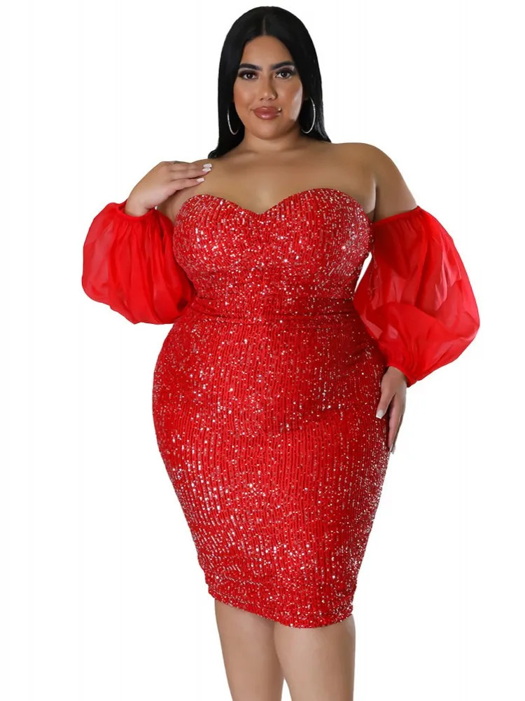 Big Size Women Sexy Sequin Dress Strapless Gauze Solid Party Evening Dress Bodycon Skinny Hip Wrap Dress Midi Vestido Robe Femme 250515
