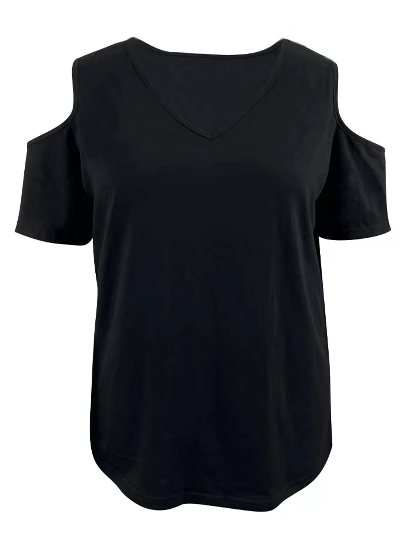 Plus Size 2024 Summer Womens Short sleeved Sexy Off Shoulder Vneck Basic Solid Color Tshirt Top 250514