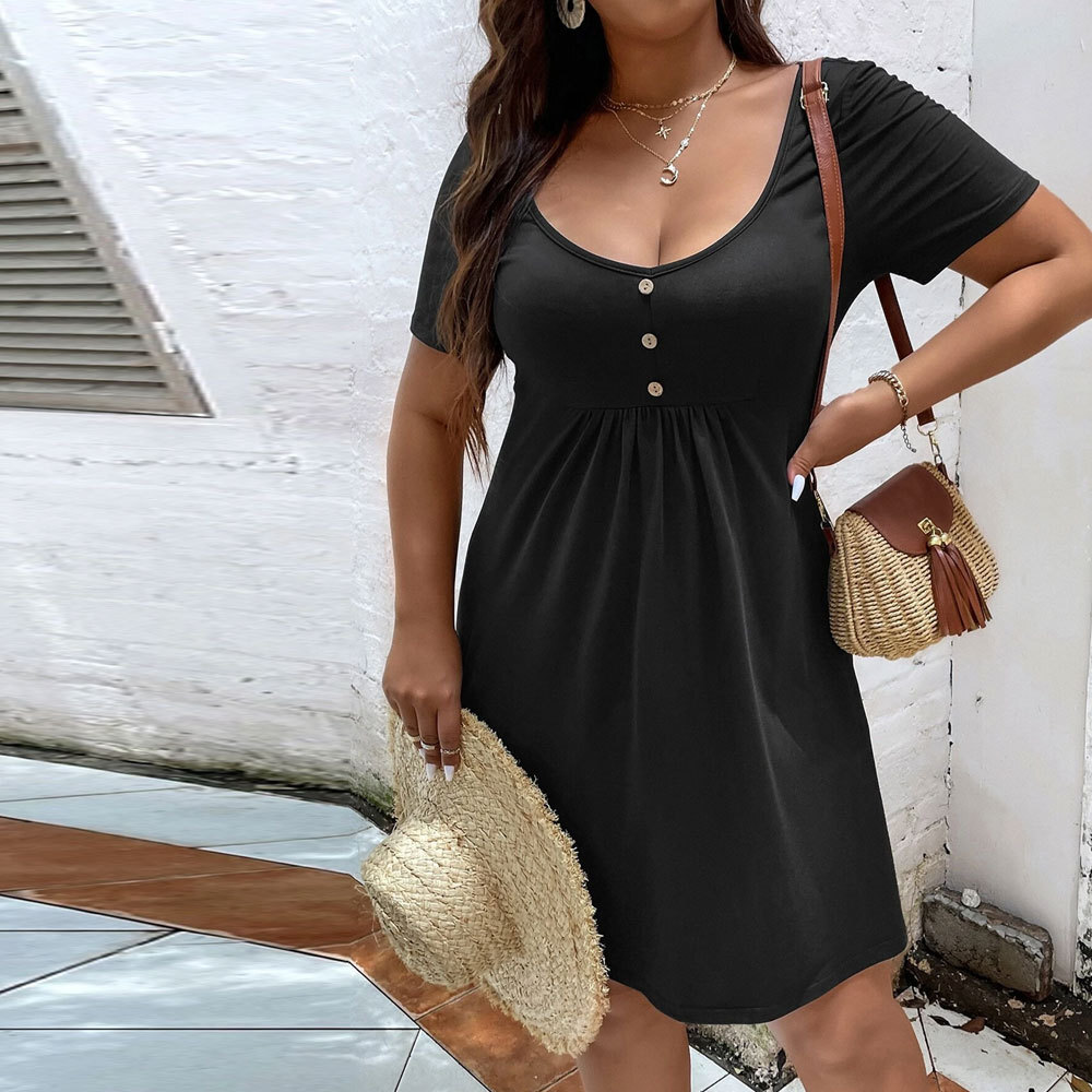 New Plus Size Womens Waist Cinching Slimming A-line Skirt Solid Color Casual Short Sleeved Fashionable Temperament Dress