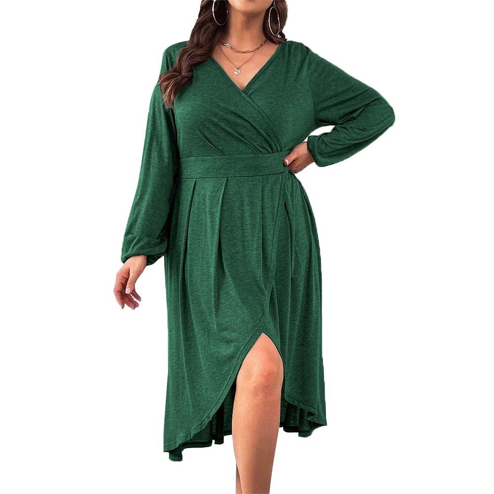 Large Size Womens Elegant Style Dress Autumn and Winter High Waisted A-line V-neck Mid Length Dress