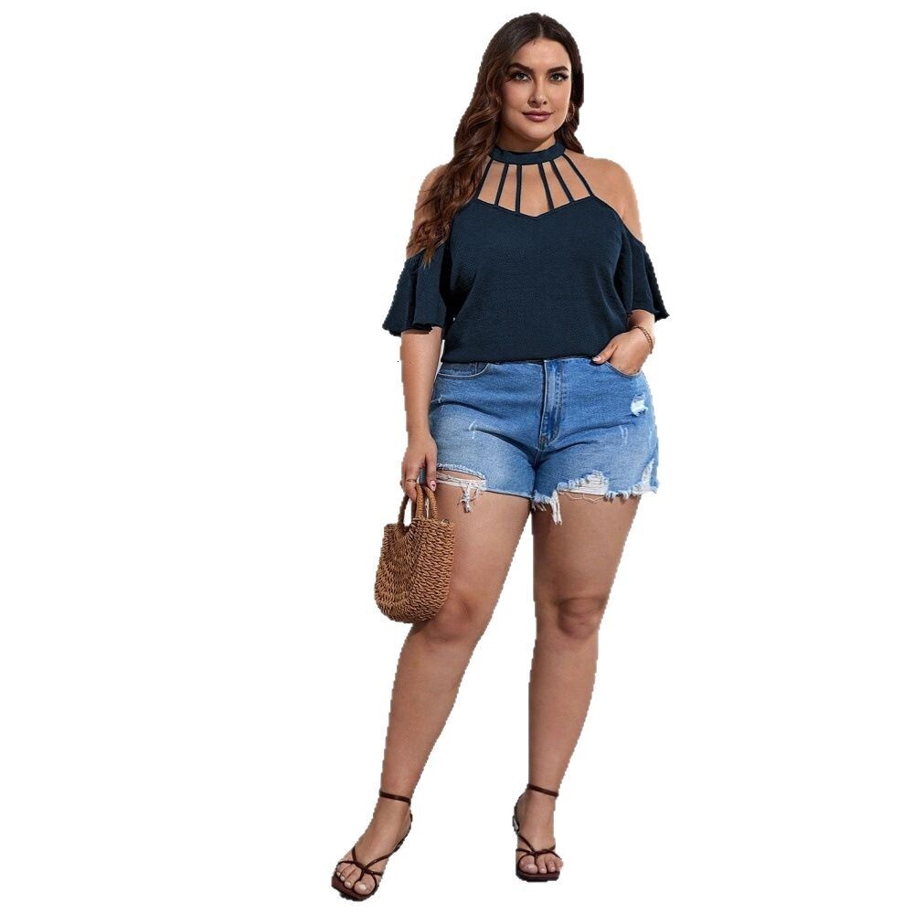 2025 Plus Size Womens Elegant Style T-shirt Summer New Style Hanging Neck Off Shoulder Slimming Short Sleeved Top