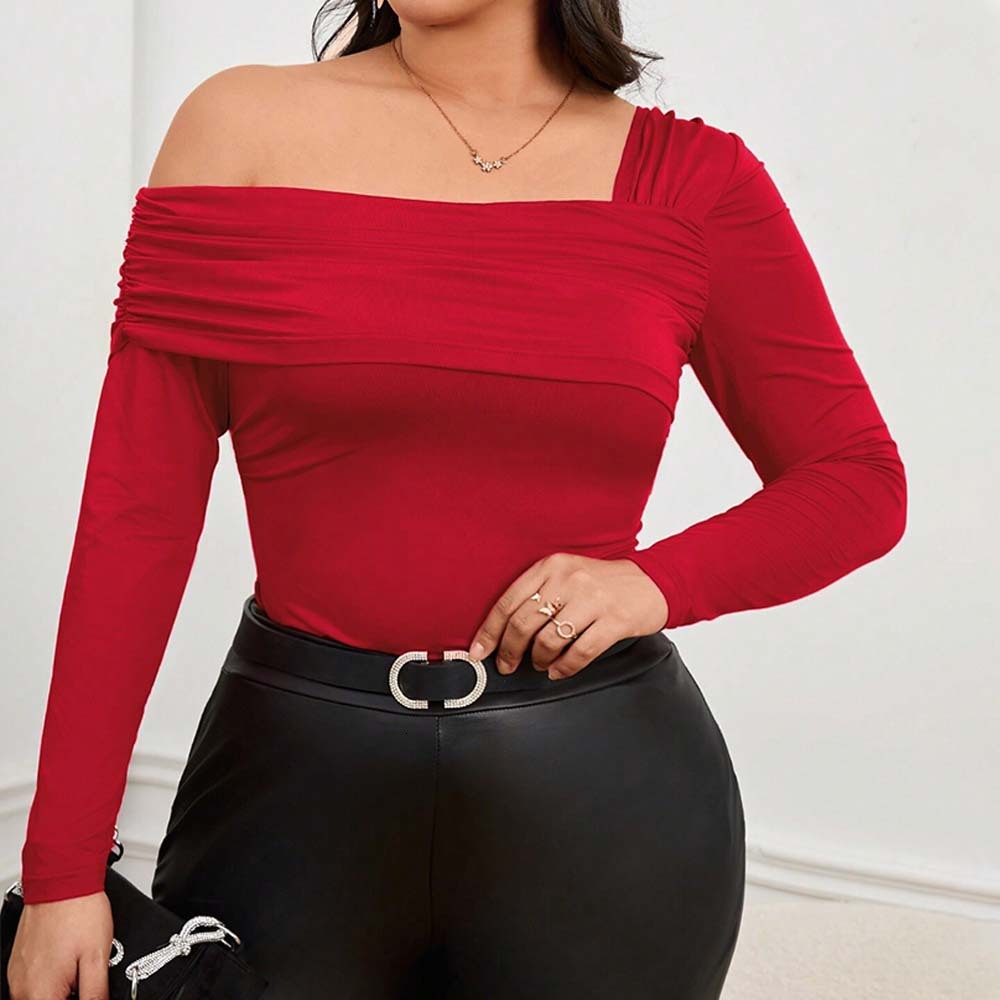 Oversized Womens Clothing Unique Design T-shirt Autumn and Winter Sexy Style Off Shoulder Short Red Top
