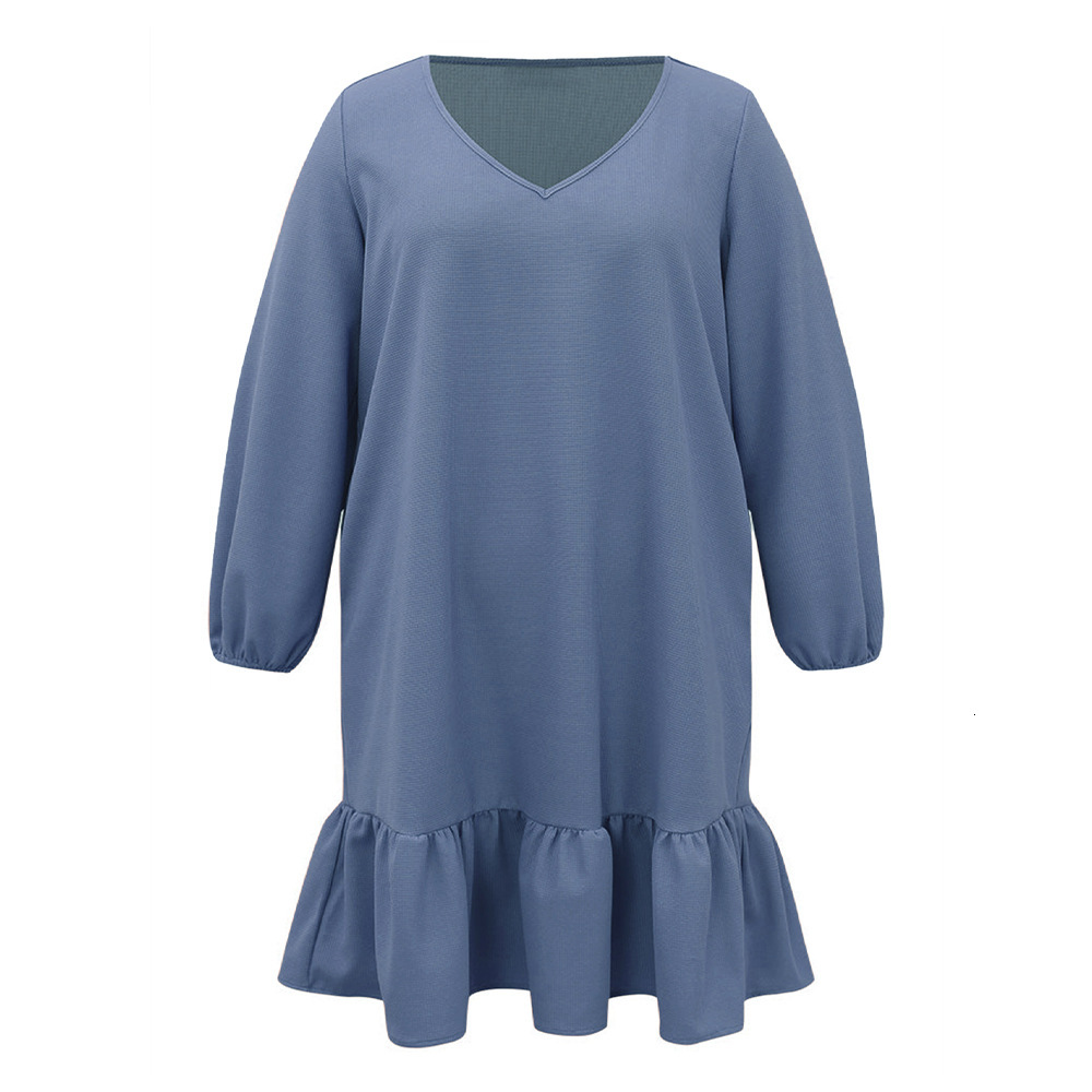 Large Size Womens Autumn and Winter Loose Casual Ruffle Edge V-neck Pocket Solid Color Temperament Dress
