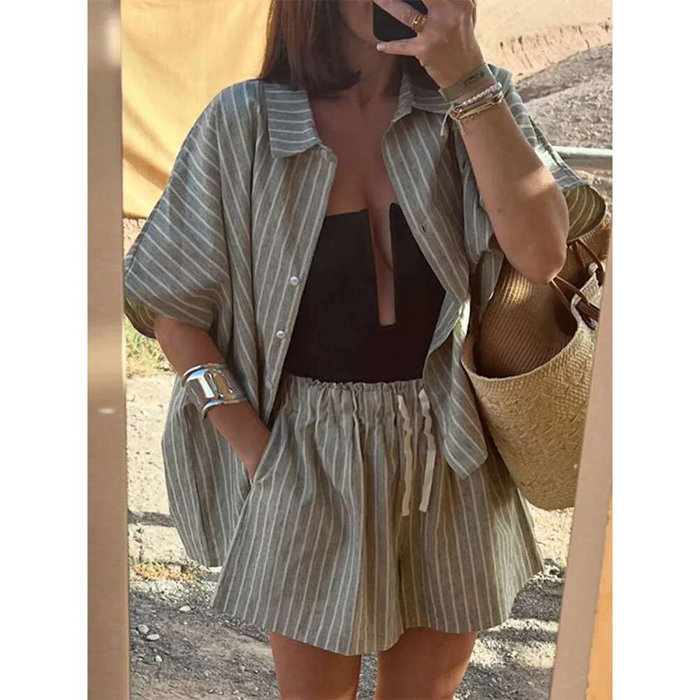 Casual Striped Lace Up Women Suits Lapel Half Sleeve Single Breasted Shirt Wide Leg Shorts Summer New Chic Lady Sets