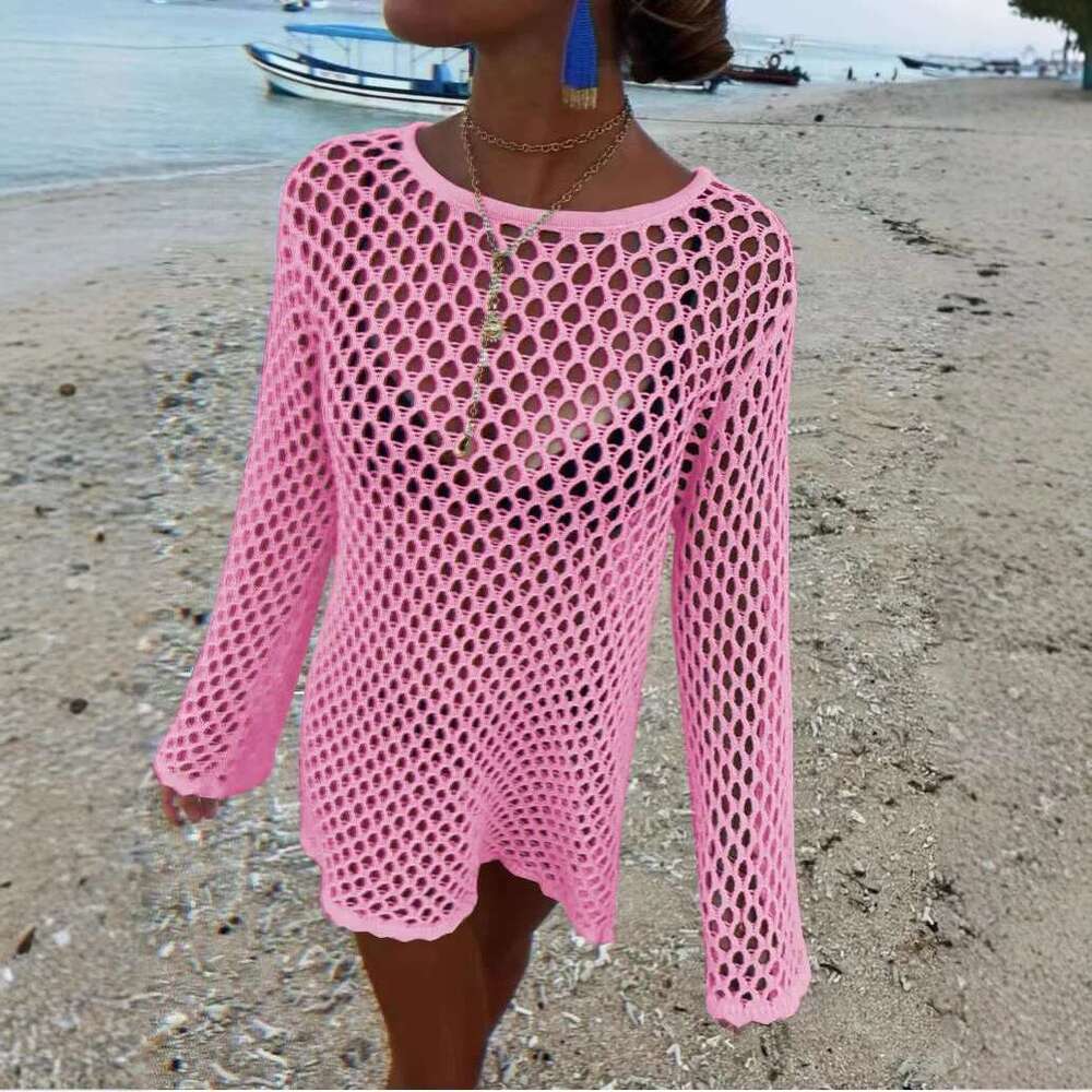 DRC Female Sheer Loose Beach Holiday Mini Dresses Sexy Hollow Out Knit Dress Women Summer Splice Knitwear Cover Up