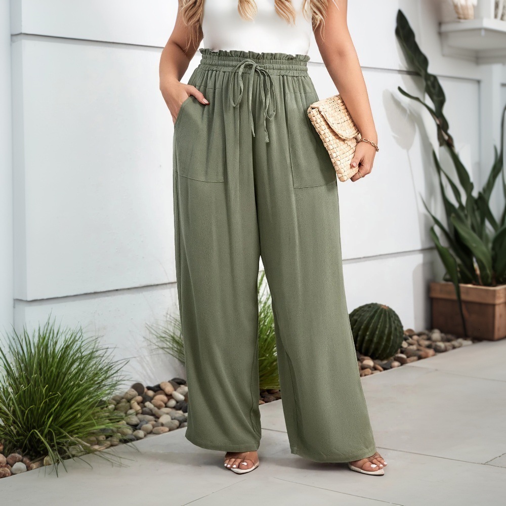 2025 Spring/summer New Large Womens Elegant Style Loose Casual Pants with Strap Elastic Waist Straight Leg Pants