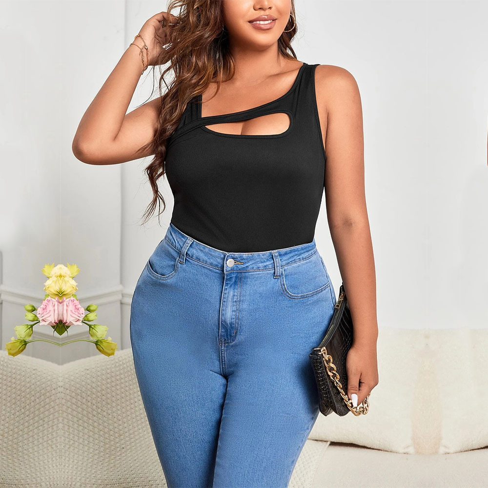 Large Size Womens New Ins Style Asymmetrical Shoulder Strap Hollowed Out Slim Fit Solid Color Vest Top