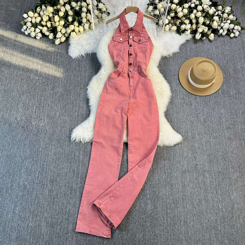 Wide Leg Jumpsuit Summer Denim Jumpsuit With Feminine Style Featuring Hanging Neck Sleeveless Design Exposed Back High Waist Slimming Effect And A Sli